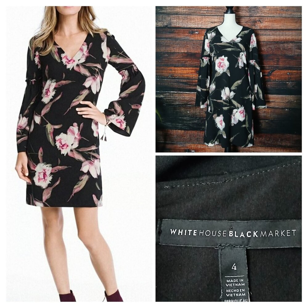 White House Black Market Shift Dress 4 Black Floral Long Bell Sleeve Zip